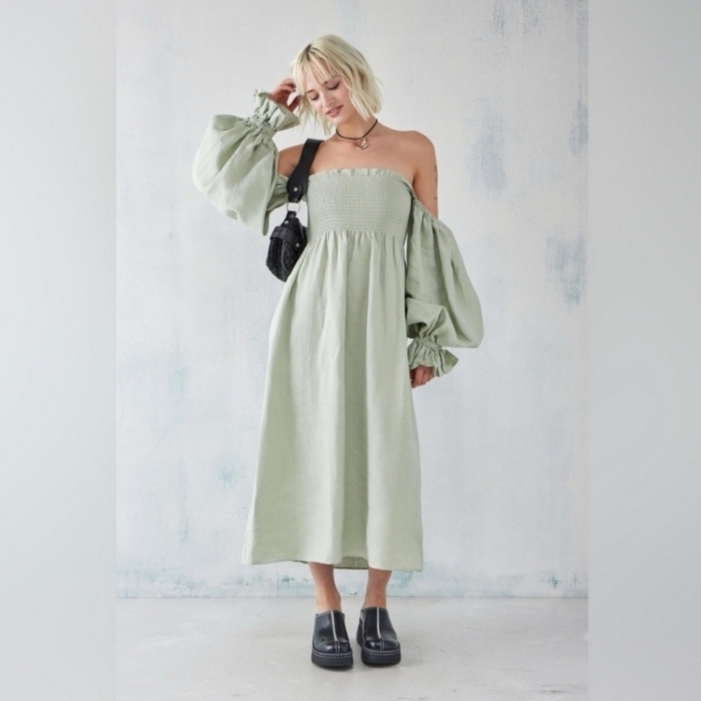 Sleeper 100% linen sage green atlanta midi dress, medium